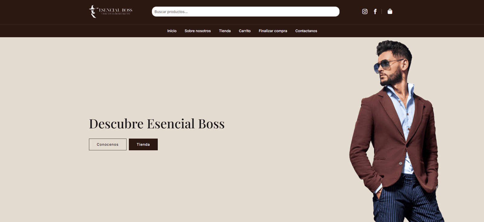 Tienda online The esencial Boss Texto alternativo: Página de inicio de The Esencial Boss, tienda online de moda y calzado desarrollada con WordPress y WooCommerce